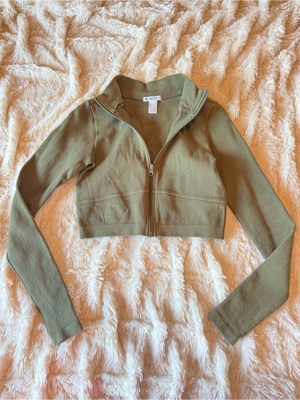 Forever 21 Olive Green Cropped Ribbed Zip Jacket- Size Medium